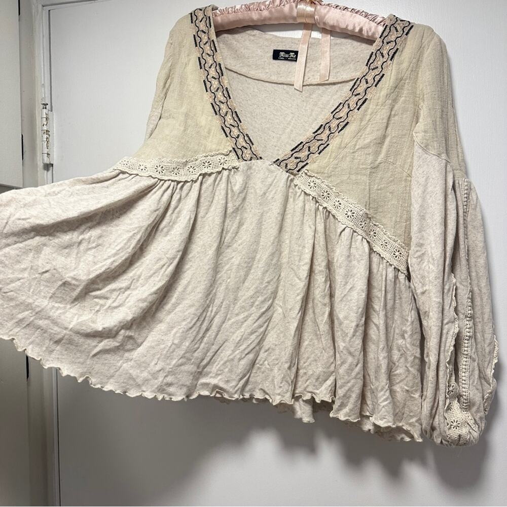 Miss Me Linen Babydoll Lace Embroidered V-Neck Top Flowy Coastal Cowgirl - Picture 6 of 9